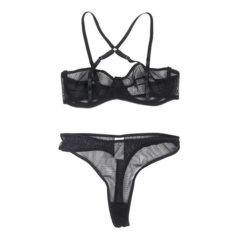 plus size mesh black sheer lingerie set featuring crisscross back straps and a thong bottom with garter belts shown from the back side