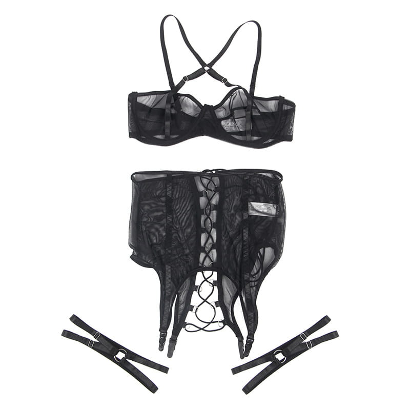 black sheer lace plus size mesh lingerie set with adjustable straps and corset-style back lacing featuring garter belts