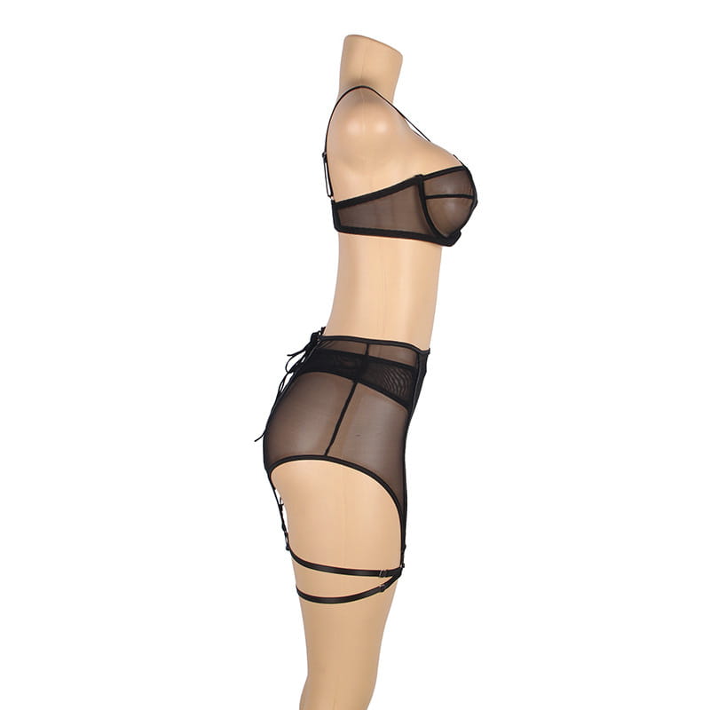 plus size mesh lingerie set in black sheer mesh with lace trim and adjustable straps featuring garter belts.