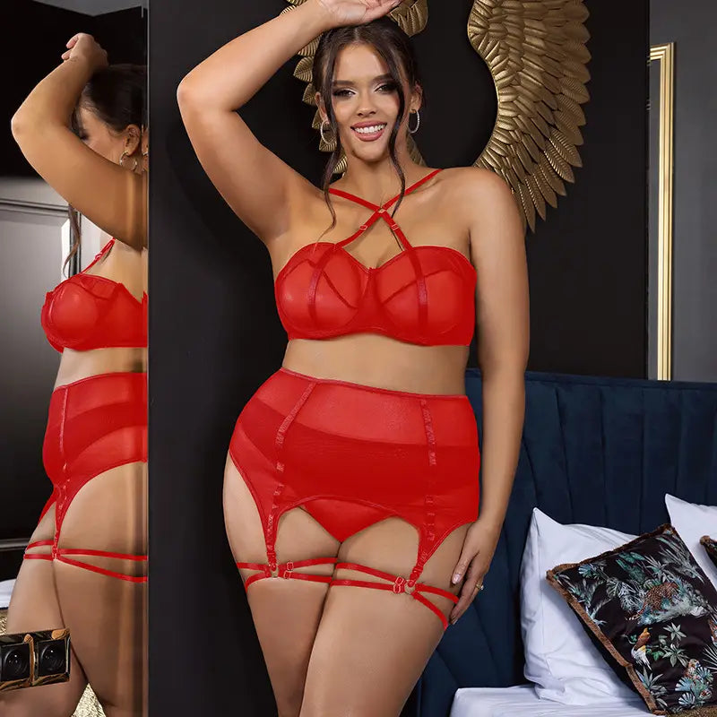 plus size mesh red sheer lace lingerie set featuring a strappy bra and matching garter belt