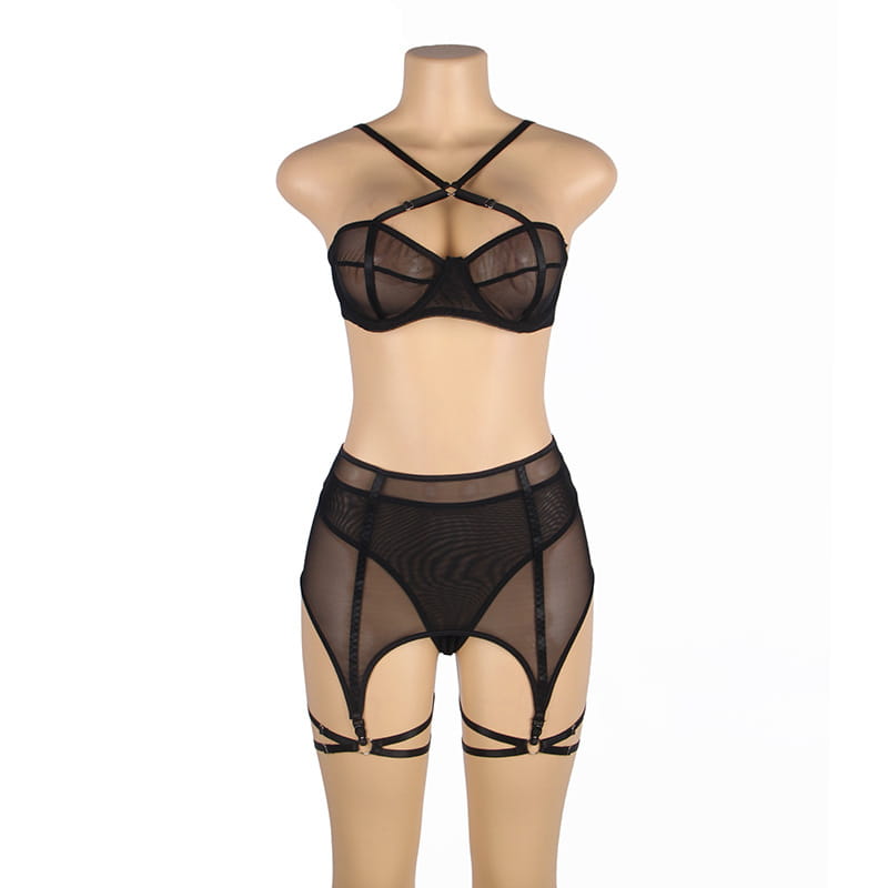 plus size mesh black sheer lingerie set featuring crisscross straps and garter belt design