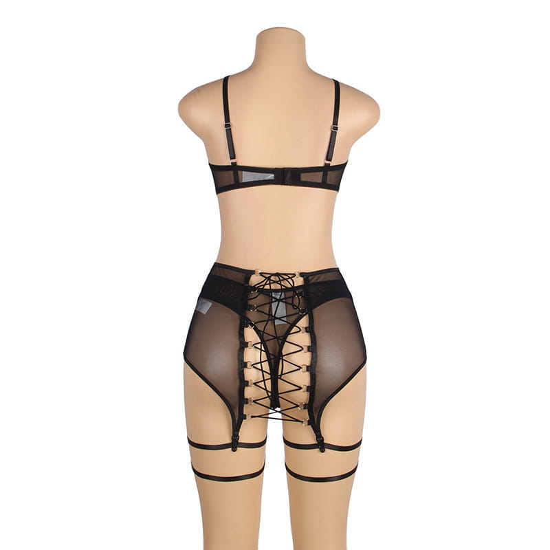 plus size mesh black sheer lace lingerie set with adjustable straps and back lacing featuring garter belts