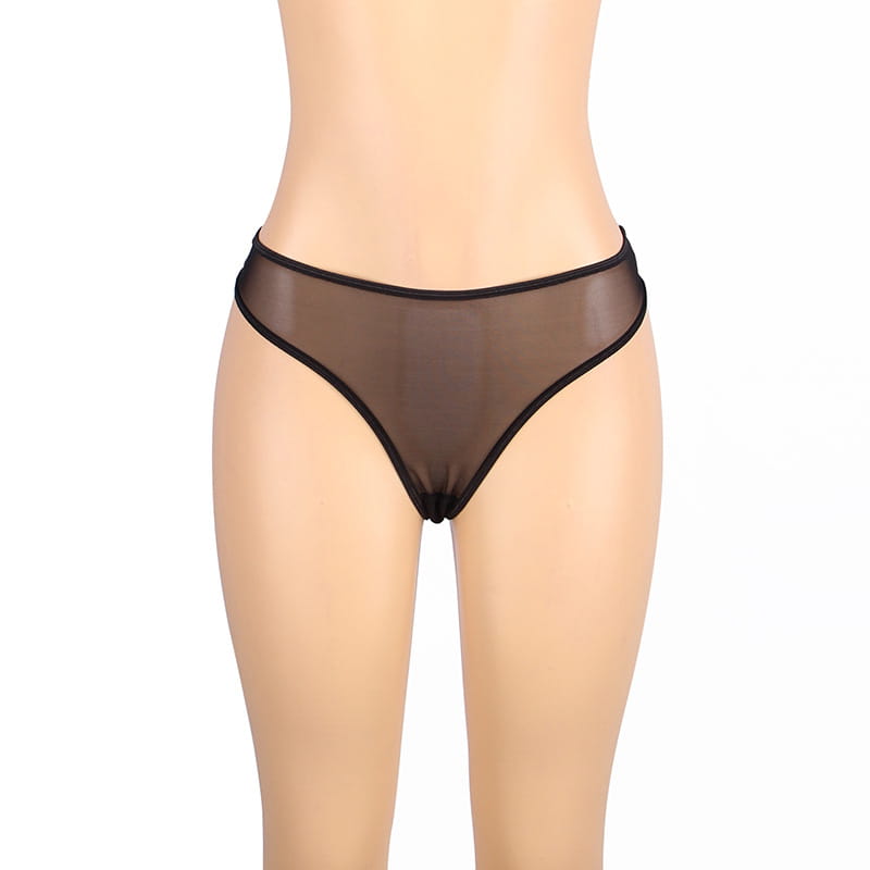 black sheer mesh thong with solid black trim from a plus size mesh lingerie set with garter belts