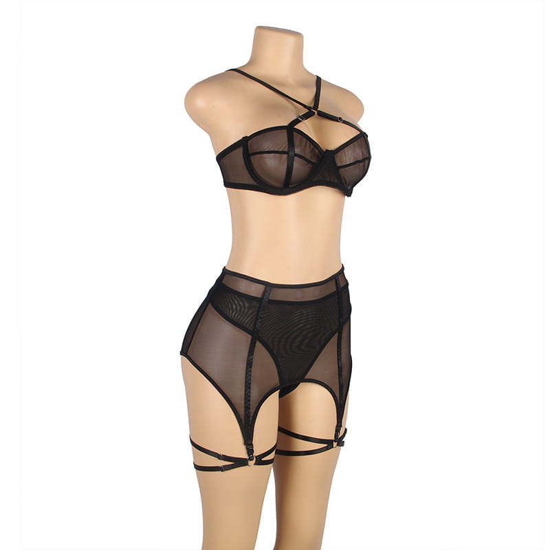plus size mesh black sheer lingerie set featuring crisscross straps high-waisted design and garter belts