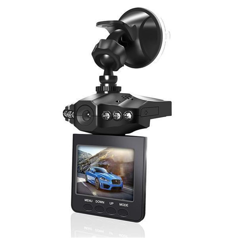 Black h98 night vision driving recorder with lcd screen showing a blue car on its display and equipped with a suction cup mount.