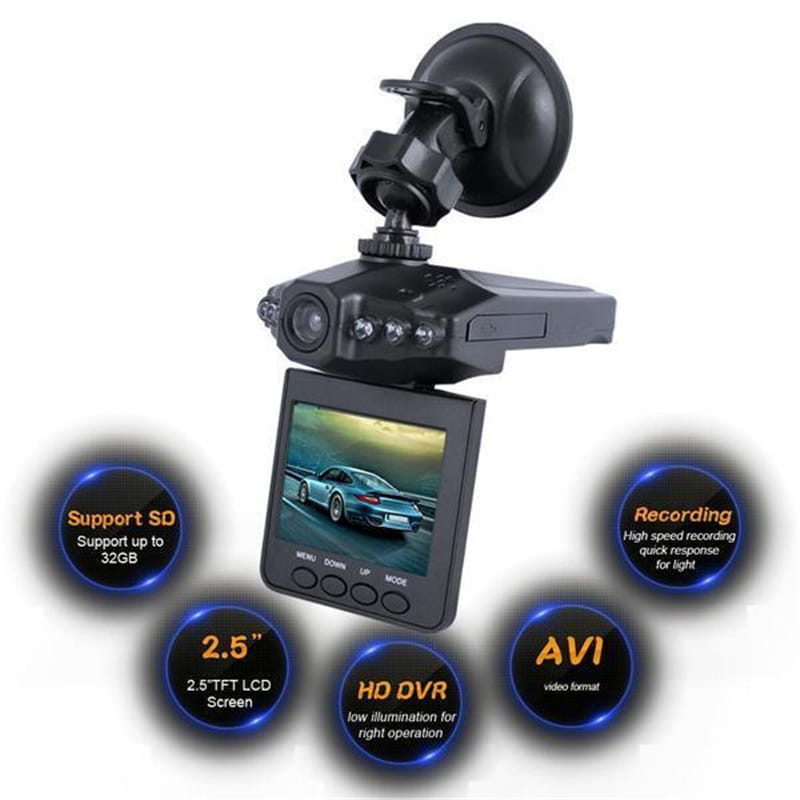 Black H98 night vision driving recorder with 2.5-inch TFT LCD screen, suction cup mount, and multiple LED lights for recorder HD night use.