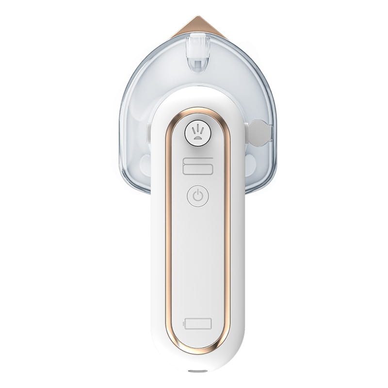 White and rose gold rechargeable portable iron with steam featuring a transparent water tank for efficient garment steaming.