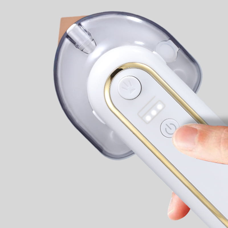 White and gold rechargeable portable iron with steam features a handheld design with gold trim and a transparent water tank.