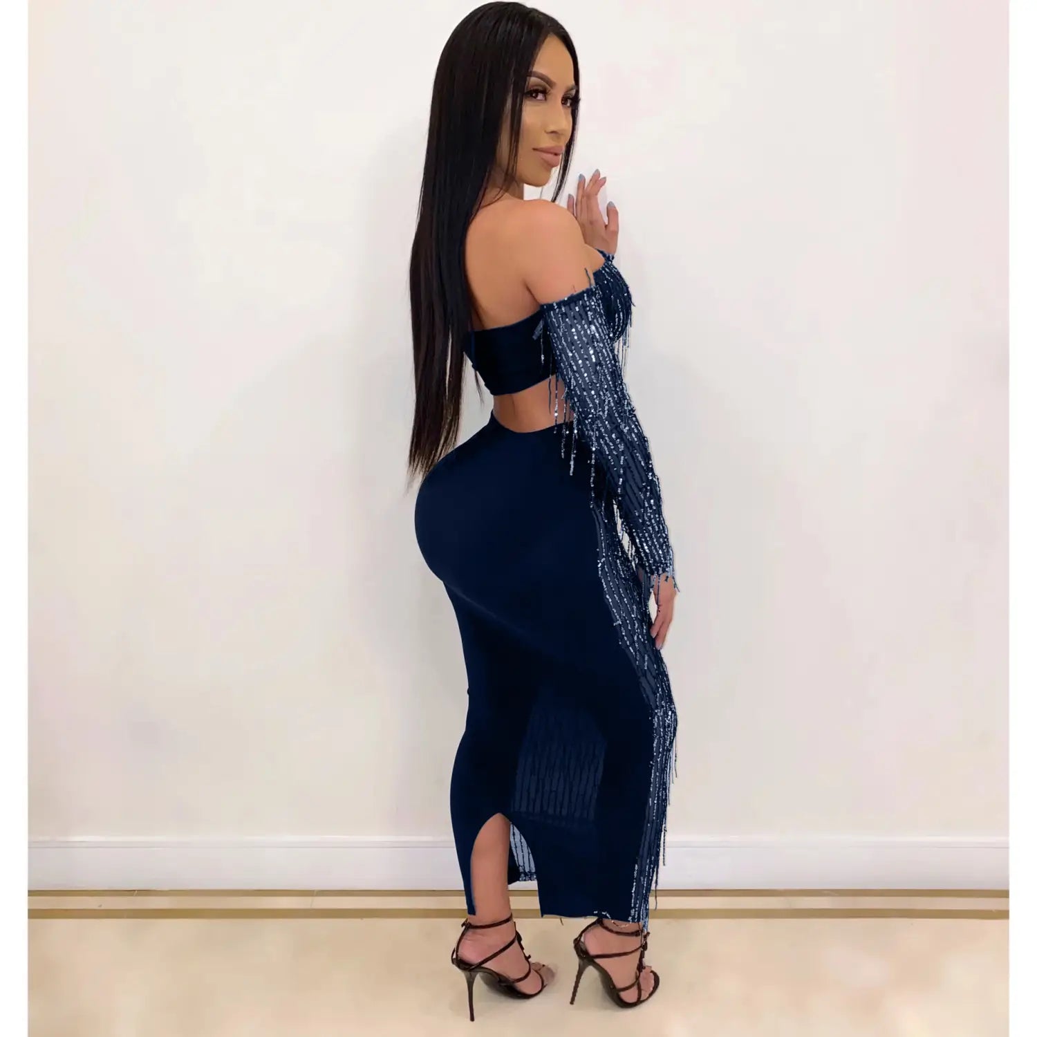 A navy blue off-the-shoulder dress featuring mesh sequins tassel long sleeves with fringes and a high slit, exemplifying fashion sexy style in a mesh sequins tassel two piece set.