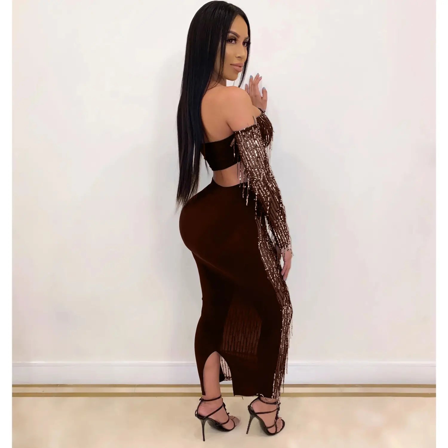 a shimmering brown sequined off-the-shoulder dress with a high slit and fringe detailing showcasing mesh sequins tassel design for a fashion sexy look