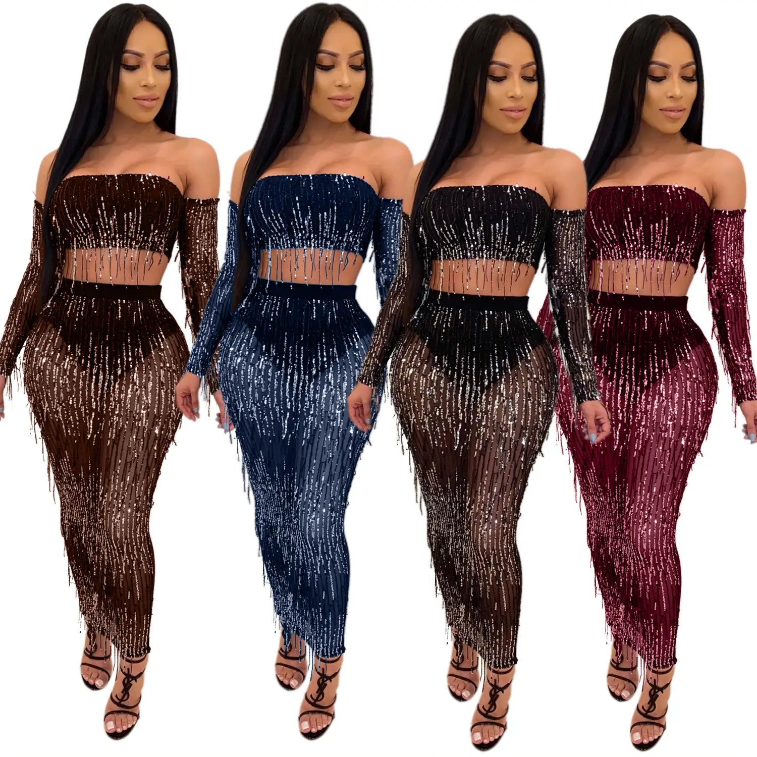 four elegant off-shoulder two-piece sets in mesh sequins tassel fabric available in brown navy blue black and burgundy showcasing fashion sexy shimmering fringe details.