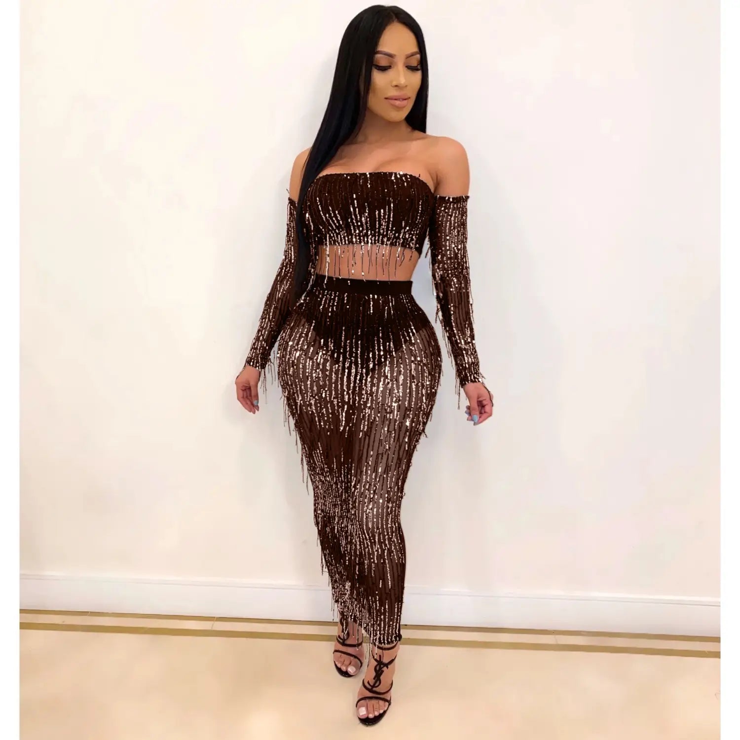 Bronze two-piece mesh sequins tassel set featuring an off-the-shoulder crop top with long fringe detailing for a fashion sexy look.