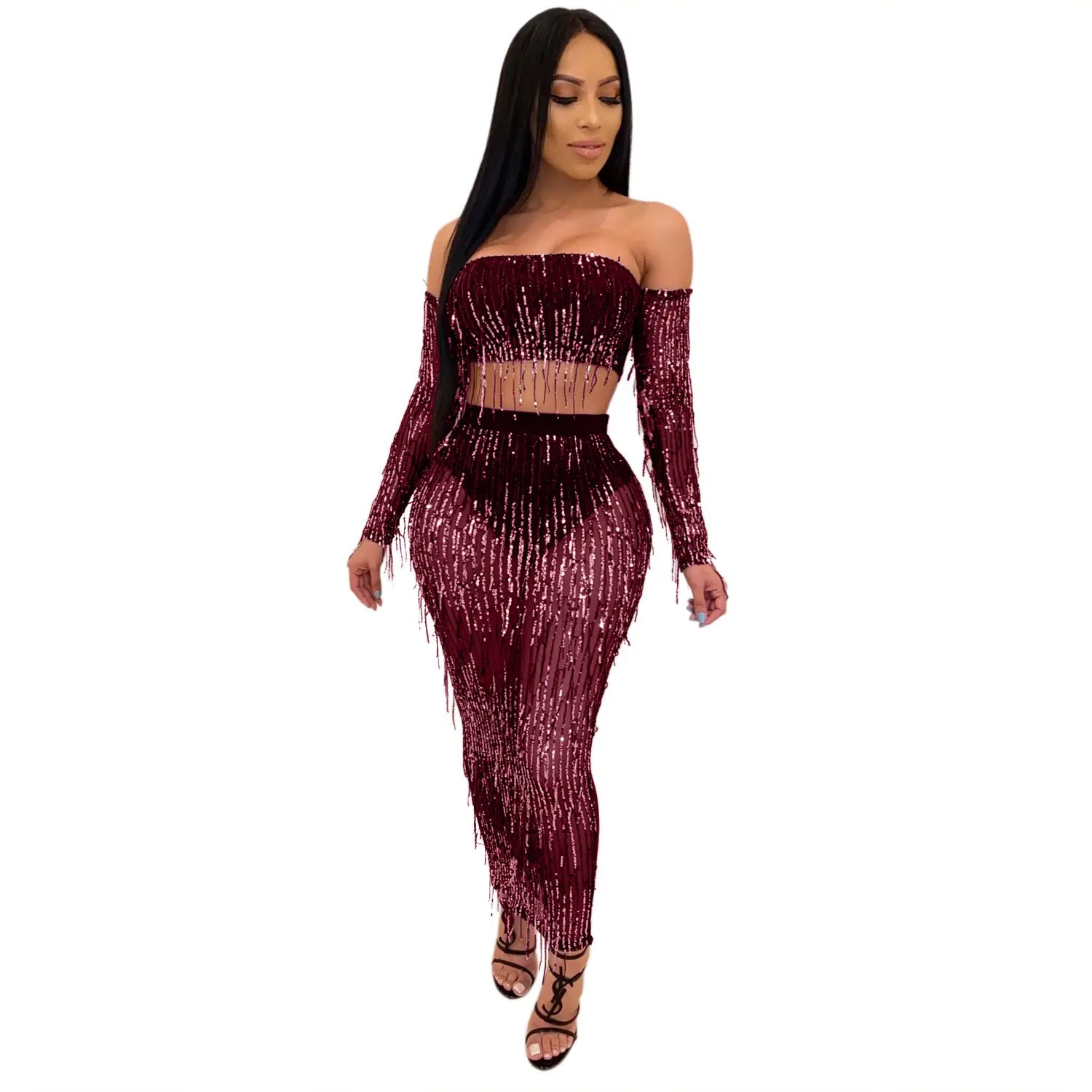 a shimmering burgundy black mesh sequins tassel two piece set featuring a crop top and high waisted pants with long flowing fringe details for fashion sexy appeal