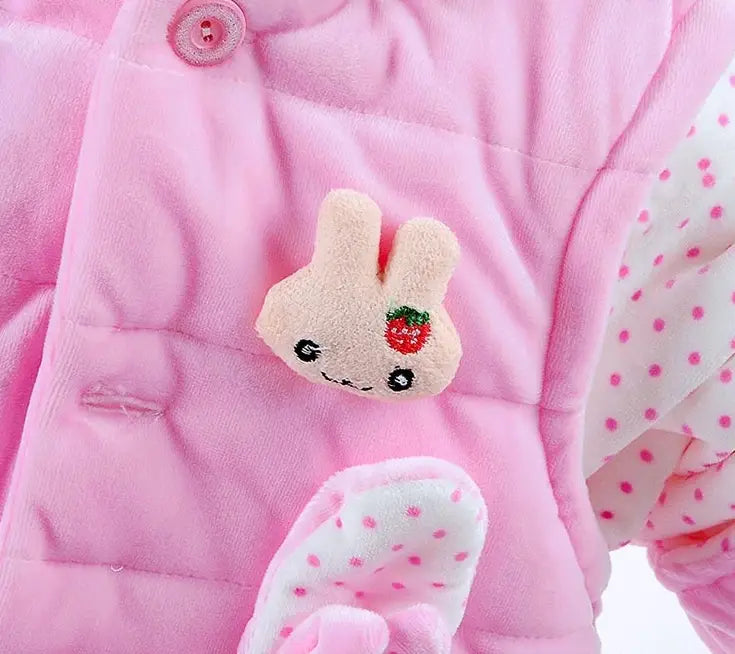 yellow bunny fleece baby autumn clothing girls suit featuring a quilted pink jacket with a pink plush bunny appliqué and embroidered strawberry on the forehead is designed for autumn clothing girls.