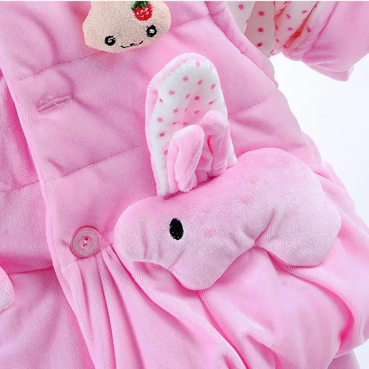 A yellow bunny fleece baby autumn clothing girls suit featuring a pink plush bunny-shaped pocket with white polka-dotted ears and a black embroidered eye.