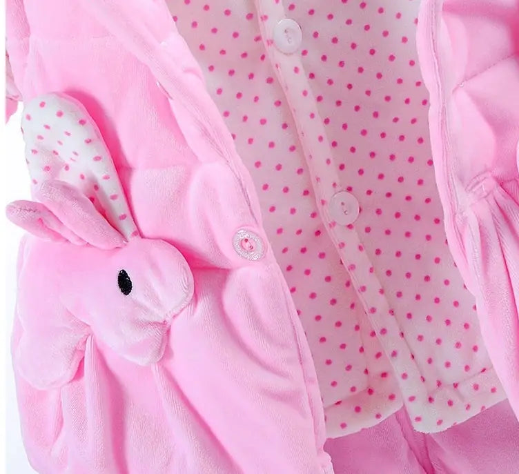 yellow bunny fleece baby autumn clothing features a soft polka-dotted fleece coat with a pink plush bunny appliqué on the front for girls autumn clothing.