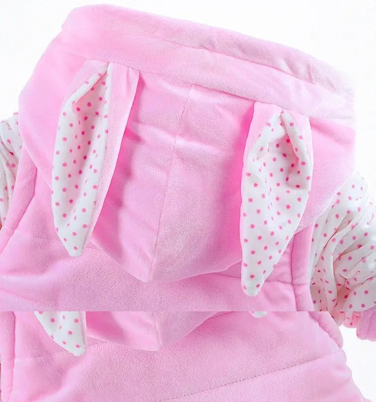 pink bunny-ear hooded fleece jacket with white polka-dotted lining designed as baby autumn clothing for girls autumn wear