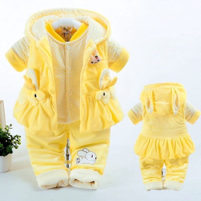 Yellow bunny fleece baby autumn clothing set for girls featuring soft fleece material and ruffled details ideal for clothing girls autumn wear.