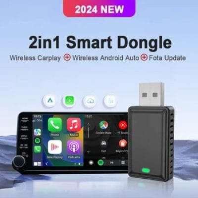 black 2-in-1 smart dongle with usb connector and green led indicator designed for wireless vehicle navigation and wireless vehicle connectivity with CarPlay and Android Auto