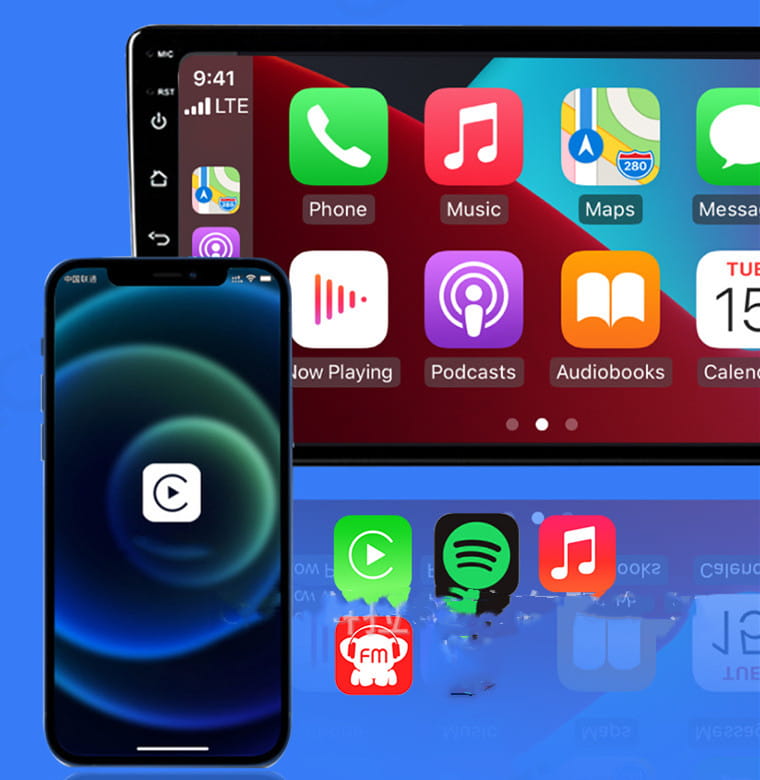 Smartphone with black bezel and blue gradient screen displaying circular play button icon highlighting wireless vehicle navigation carplay android auto dongle features.