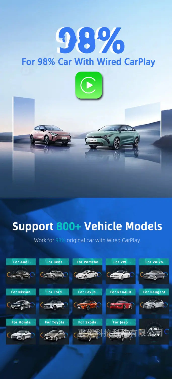 The sleek modern wireless vehicle navigation carplay android auto dongle features a green play button icon and supports wired carplay compatibility for 98 percent of vehicles.