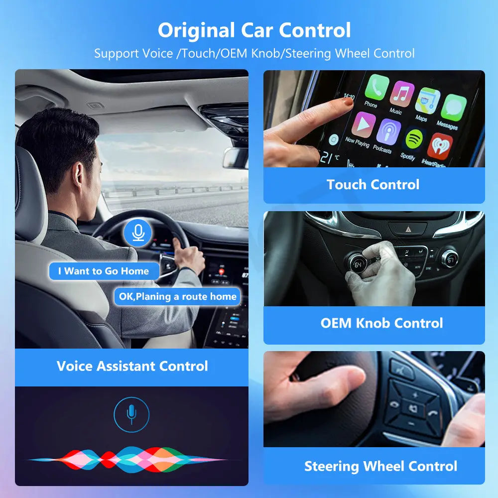 Original car control system featuring touch, voice assistant, oem knob, and steering wheel integration for wireless vehicle navigation in a compact black wireless vehicle navigation dongle supporting CarPlay and Android Auto.