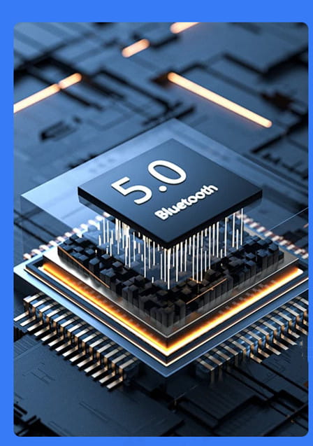 A sleek black 5.0 bluetooth chip with metallic pins and glowing orange circuitry on a wireless vehicle navigation carplay android auto dongle against a futuristic blue digital backdrop.