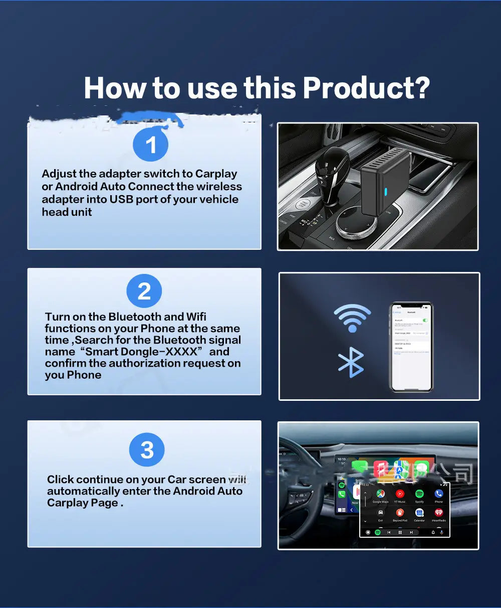 Black rectangular wireless vehicle navigation car audio adapter with blue led indicator light for wireless vehicle CarPlay Android Auto connectivity