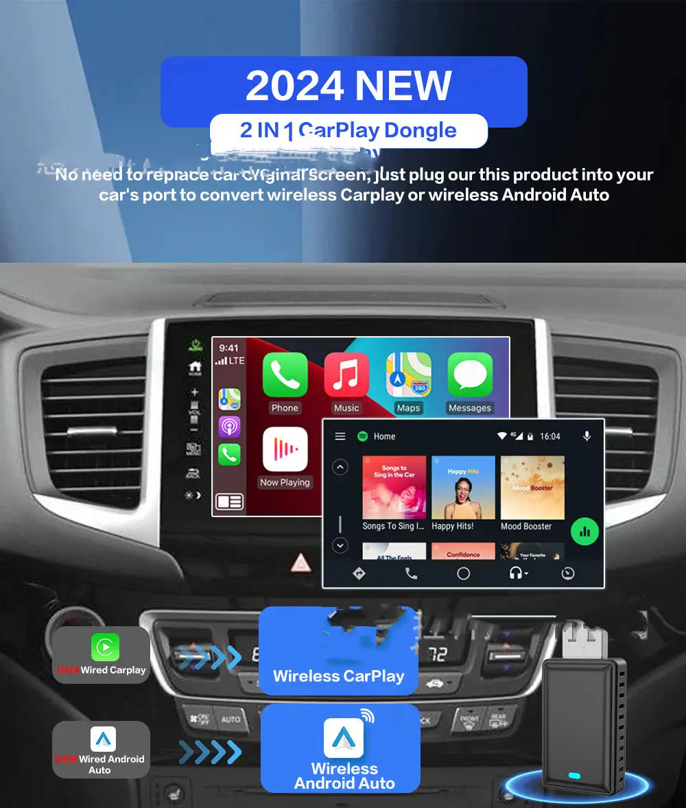 black 2-in-1 carplay dongle with blue led indicator light for wireless vehicle navigation and android auto integration