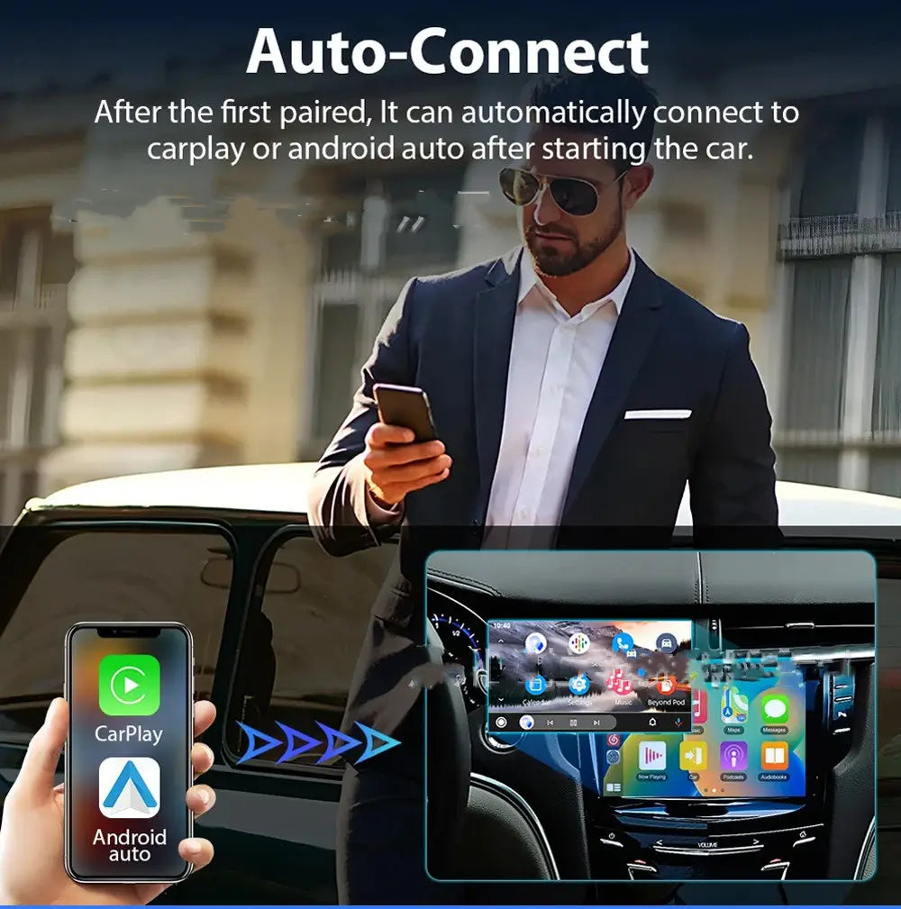 Black smartphone with a glossy finish displaying CarPlay and Android Auto app icons for wireless vehicle navigation using a wireless vehicle navigation CarPlay Android Auto dongle.