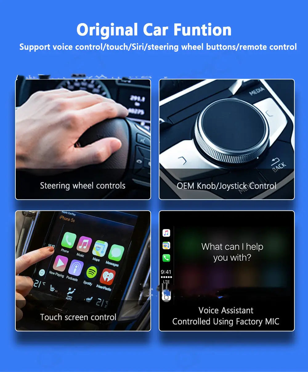 Original car function control system with voice touch and steering wheel integration for wireless vehicle navigation in a compact wireless vehicle navigation CarPlay Android Auto dongle.