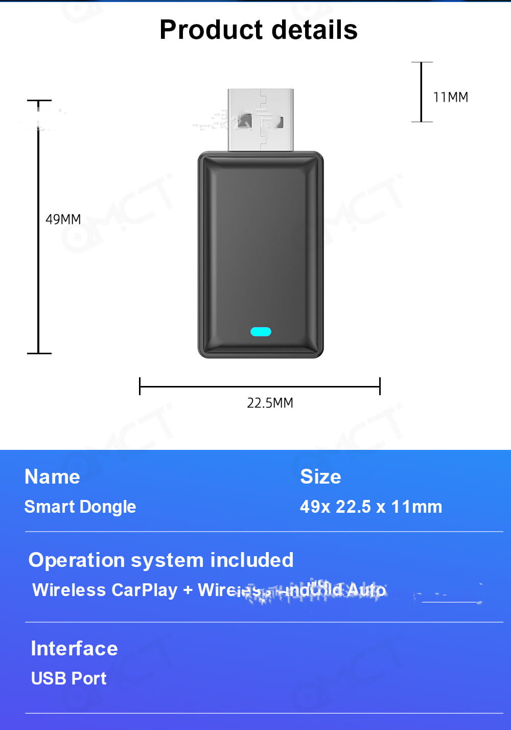 Black rectangular usb smart dongle with a blue led indicator light designed for wireless vehicle navigation in carplay and android auto systems.