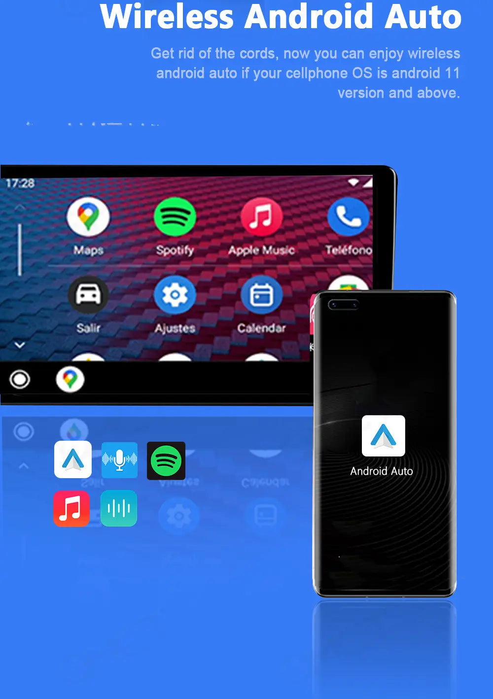 black smartphone displaying the android auto app icon on screen paired with a wireless vehicle navigation carplay android auto dongle for seamless vehicle navigation