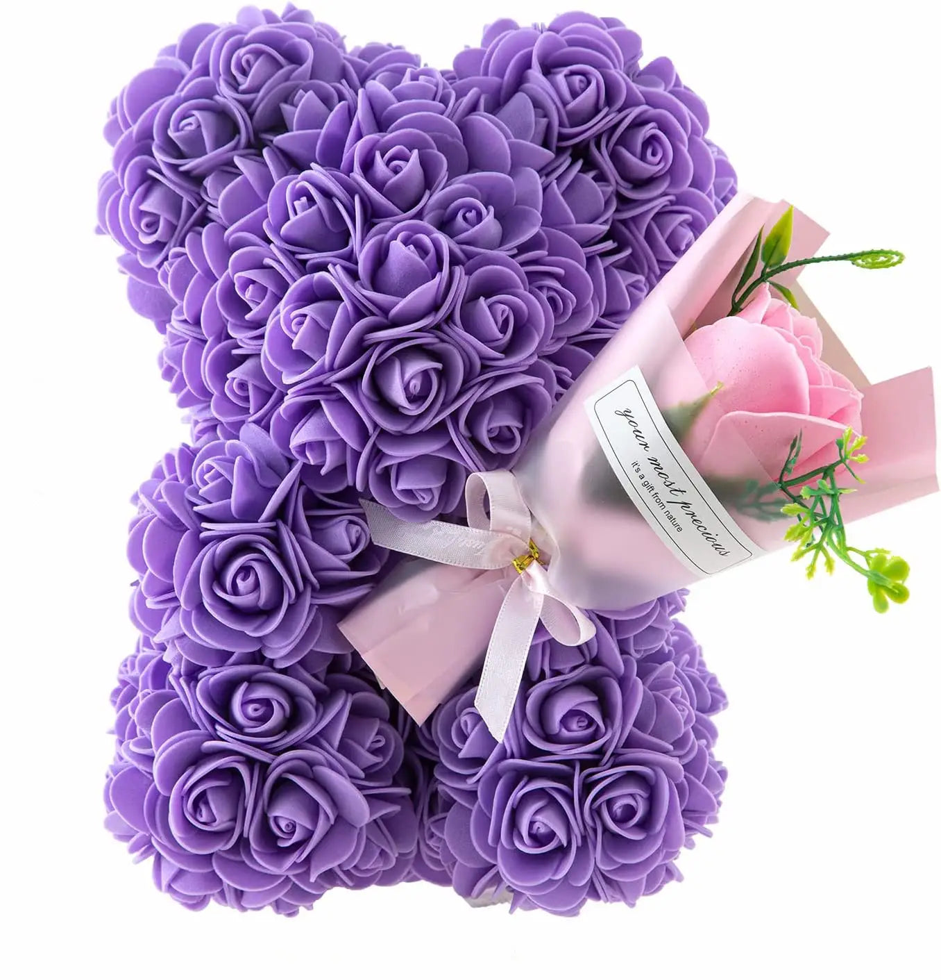 Purple foam rose bear adorned with a pink rose bouquet tied in a satin ribbon in a blue rose bear preserved rose flower gift box.