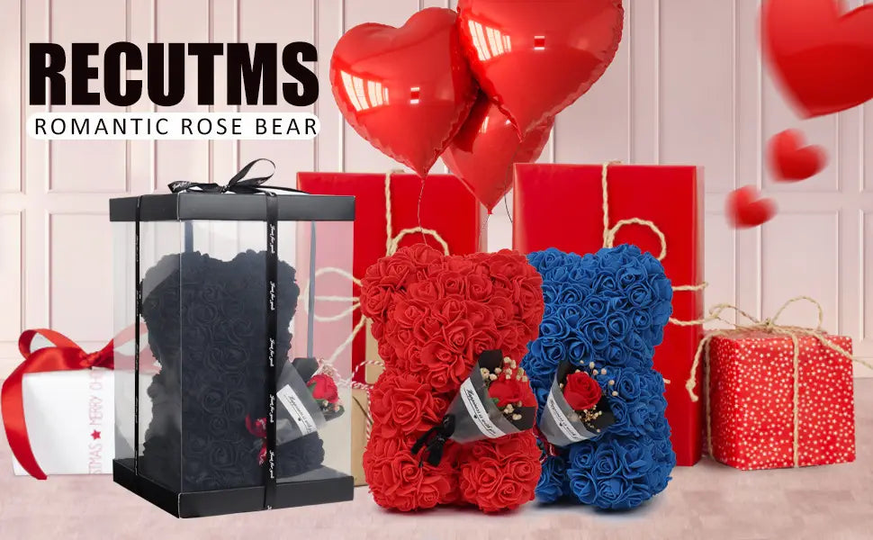 red and blue rose-covered teddy bears each adorned with a small bouquet of flowers on the chest presented in a preserved rose flower gift box
