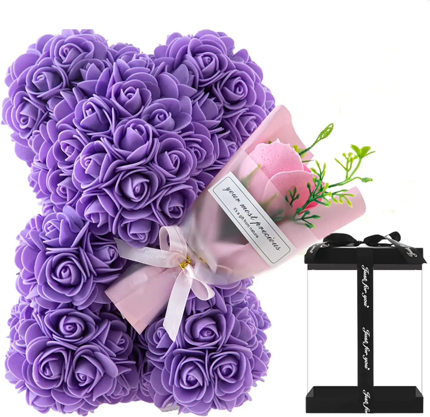 Purple preserved rose-covered bear-shaped decorative item in a blue rose bear preserved rose flower gift box.