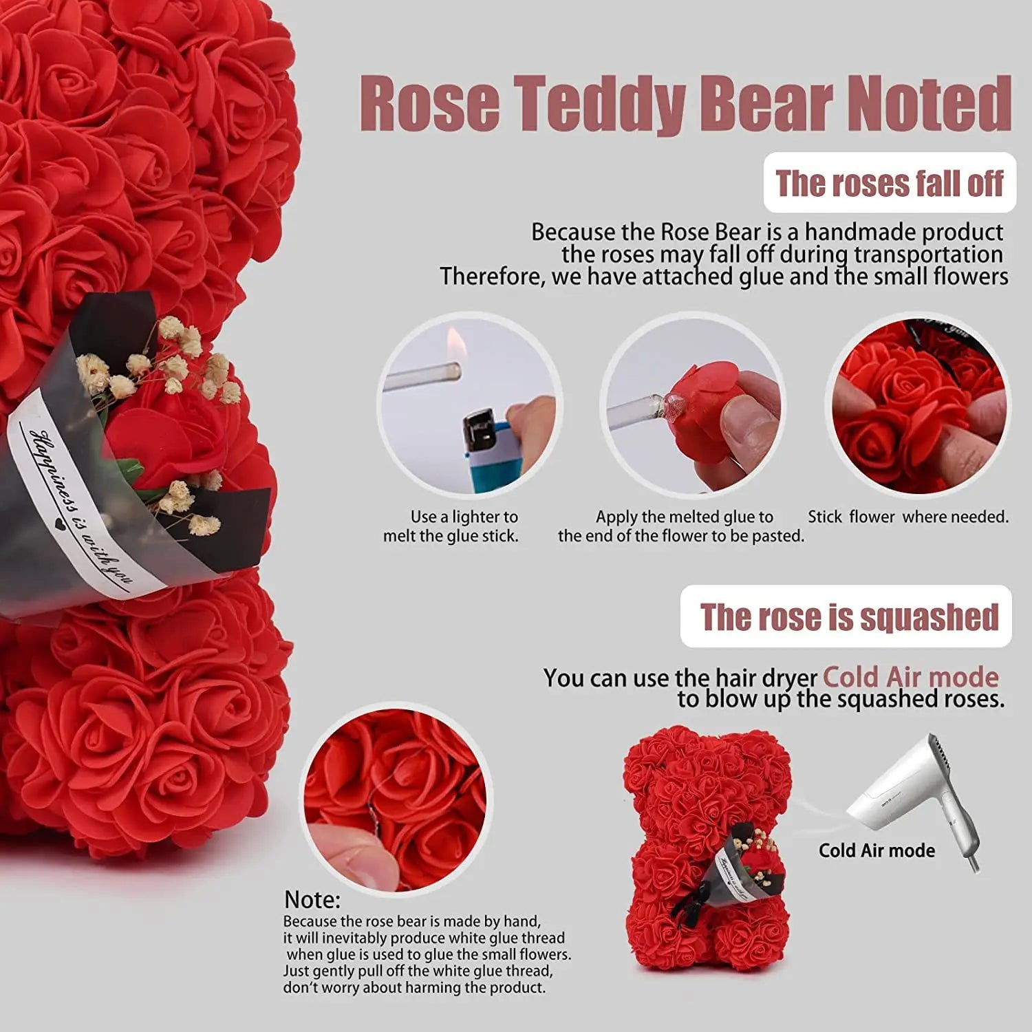 Red rose-covered teddy bear with a small bouquet of dried flowers tucked into its arm presented in a blue preserved rose flower gift box.