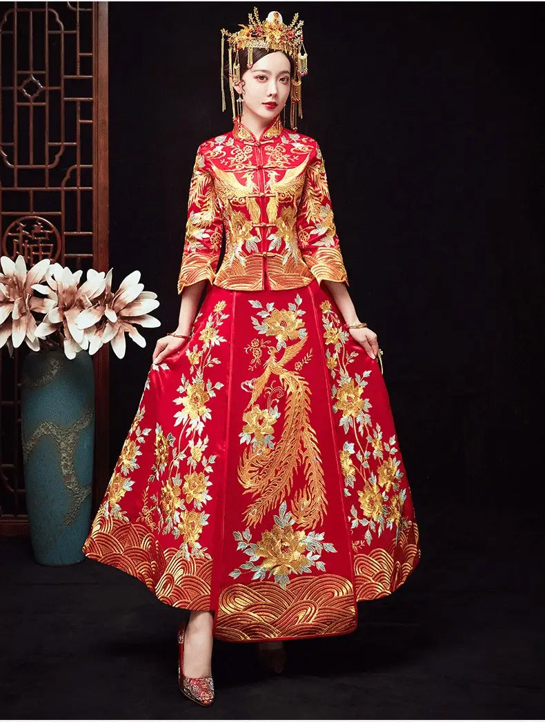 a vibrant red official robes xiuhe dress featuring intricate golden chinese dragon and phoenix embroidery on a fitted bodice and flowing skirt