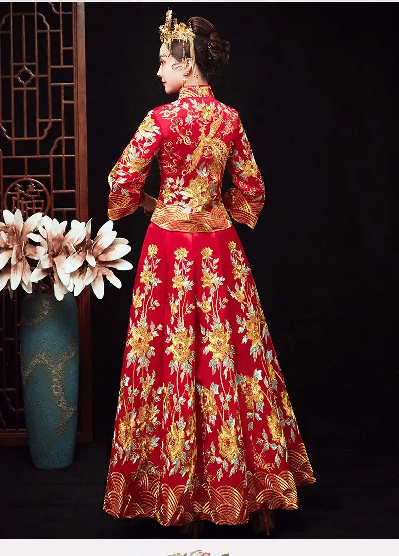 A vibrant red traditional chinese official robes xiuhe dress featuring intricate gold floral embroidery and a matching ornate headpiece with chinese dragon motifs.