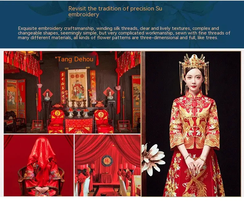 A woman wears a traditional red and gold embroidered official robes xiuhe dress with intricate three-dimensional floral patterns featuring a chinese dragon and phoenix design.