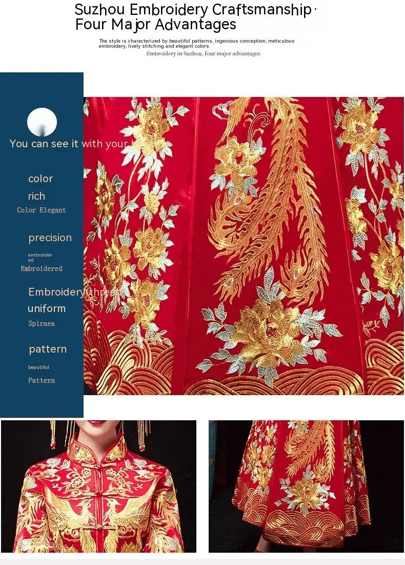 Red satin official robes xiuhe dress featuring intricate gold and silver embroidery with phoenixes, floral motifs, and swirling wave patterns in traditional chinese dragon style.