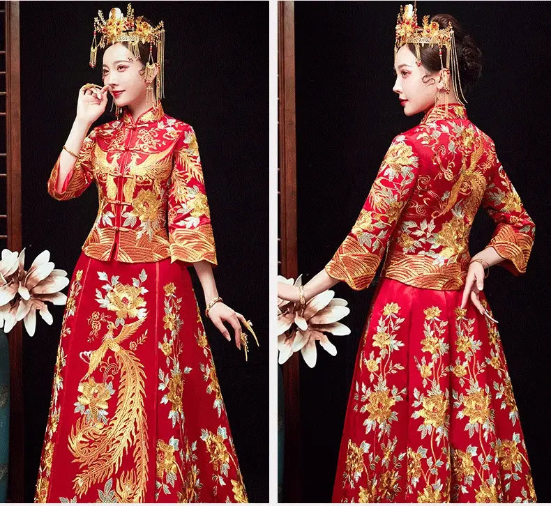 A vibrant red robes xiuhe dress featuring intricate golden chinese dragon and phoenix embroidery with a high collar and three-quarter sleeves designed as official robes xiuhe.