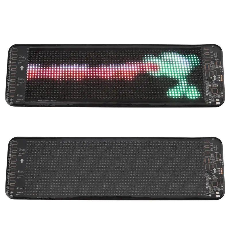 Programmable car led sign featuring a black rectangular led display board with a red-to-green gradient light pattern forming an abstract shape for full color display use.