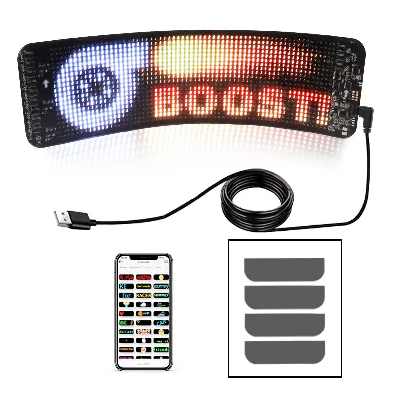 programmable car led sign featuring a curved black led display panel with full color customizable text and graphics powered by a usb cable