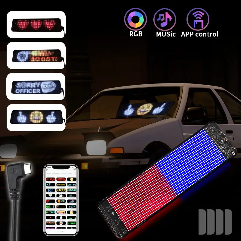 programmable car led sign featuring a full color rgb led car dashboard display with customizable text and emoji patterns on a sleek black circuit board design.