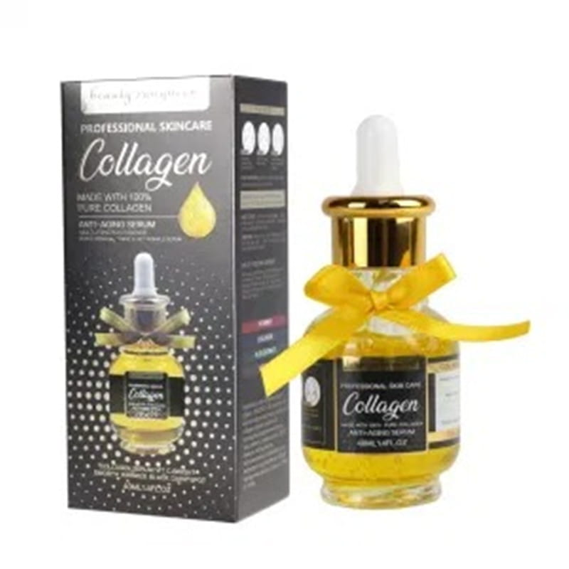 golden dropper bottle of collagen anti-aging facial serum with a yellow ribbon tied around its neck and matching packaging for facial serum use.