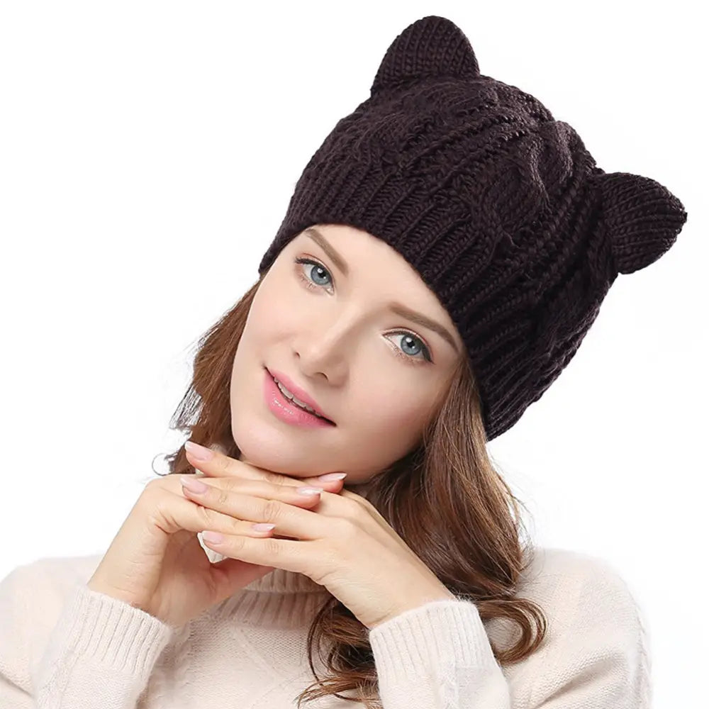 black textured cute knitted cat ear beanie in dark brown with a soft rounded 3d cute knitted cat ear design and a textured cable pattern