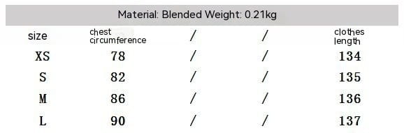silver satin metal foil printed underwear dress size chart displaying blended weight 0.21kg with chest circumference and clothes length measurements for xs to l sizes.
