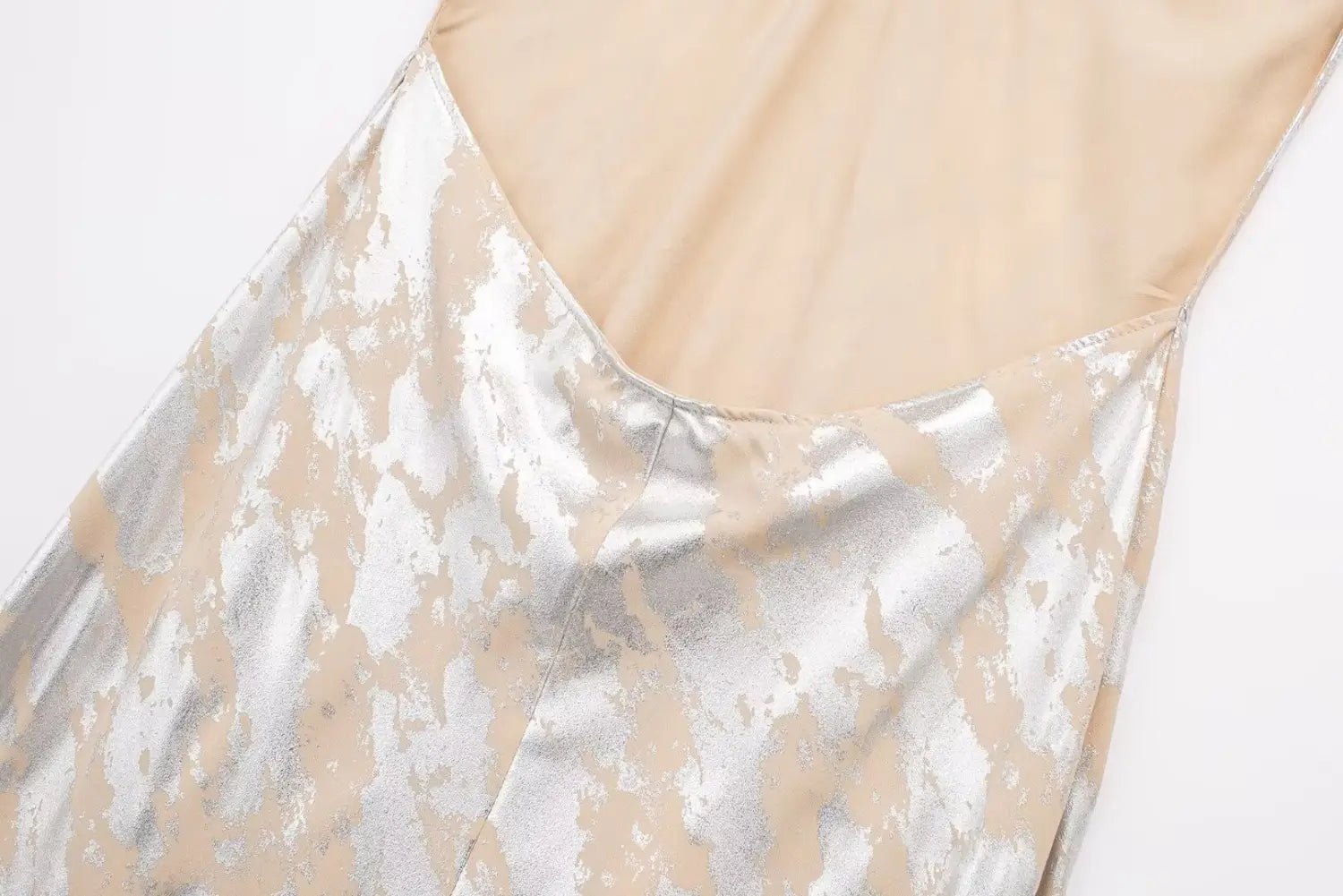 silver satin metal foil printed underwear dress featuring a shimmering silver and beige abstract pattern with a sheer nude-colored back panel
