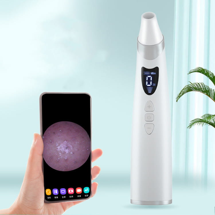 white and silver electric visual blackhead handheld skin analyzer with digital display showing a close-up of acne on the phone screen for visual blackhead suction and pore cleaning